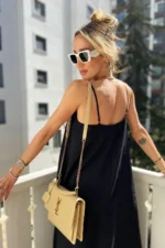 Women's Black Aerobin Fabric Adjustable Strap Long Dress - Image 6