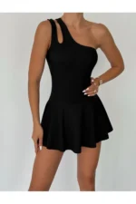 Women's Black One-Shoulder Skirted Swimsuit Set with Removable Pads and Shorts