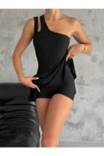 Women's Black One-Shoulder Skirted Swimsuit Set with Removable Pads and Shorts - Image 3