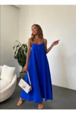Women's Blue Aerobin Fabric Adjustable Strap Long Dress