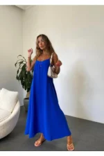 Women's Blue Aerobin Fabric Adjustable Strap Long Dress - Image 2