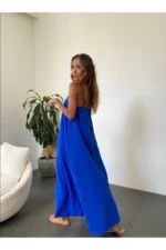 Women's Blue Aerobin Fabric Adjustable Strap Long Dress - Image 3