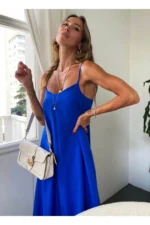 Women's Blue Aerobin Fabric Adjustable Strap Long Dress - Image 4