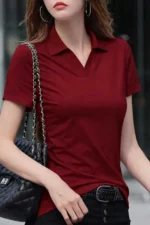Women's Burgundy Crew Neck Stretch T-Shirt - Image 2