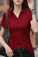 Women's Burgundy Crew Neck Stretch T-Shirt - Image 4