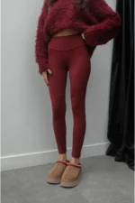 Women's Burgundy High Waisted Shaping Casual and Sports Leggings - Image 2