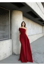 Women's Burgundy One Shoulder Evening Dress with Train