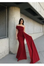 Women's Burgundy One Shoulder Evening Dress with Train - Image 2