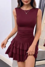Women's Burgundy Tiered Ruffle Mini Dress
