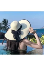 Women's Cream Oversized Straw Beach Hat 42 cm