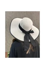Women's Cream Oversized Straw Beach Hat 42 cm - Image 3