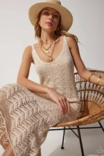 Women's Cream Strappy Openwork Summer Knit Dress - Size: S/M