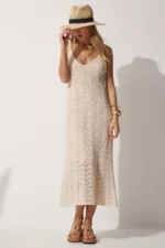Women's Cream Strappy Openwork Summer Knit Dress - Size: S/M - Image 2