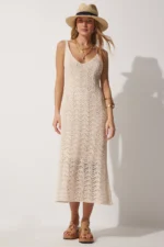 Women's Cream Strappy Openwork Summer Knit Dress - Size: S/M - Image 3