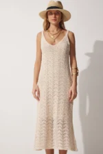 Women's Cream Strappy Openwork Summer Knit Dress - Size: S/M - Image 4