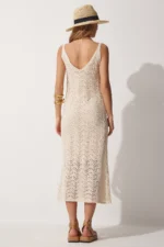 Women's Cream Strappy Openwork Summer Knit Dress - Size: S/M - Image 5