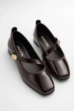 Women's Dark Brown Patent Leather Mary Jane Flats with Gold Buckle Orthopedic Sole