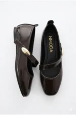 Women's Dark Brown Patent Leather Mary Jane Flats with Gold Buckle Orthopedic Sole - Image 2