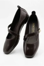 Women's Dark Brown Patent Leather Mary Jane Flats with Gold Buckle Orthopedic Sole - Image 3