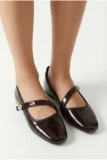 Women's Dark Brown Patent Leather Mary Jane Flats with Gold Buckle Orthopedic Sole - Image 4