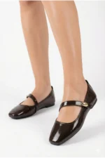 Women's Dark Brown Patent Leather Mary Jane Flats with Gold Buckle Orthopedic Sole - Image 5