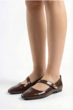 Women's Dark Brown Patent Leather Mary Jane Flats with Gold Buckle Orthopedic Sole - Image 6