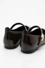 Women's Dark Brown Patent Leather Mary Jane Flats with Gold Buckle Orthopedic Sole - Image 7