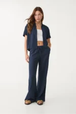 Women's Dark Navy Blue Linen Blend Fluid Wide Leg Trousers