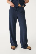 Women's Dark Navy Blue Linen Blend Fluid Wide Leg Trousers - Image 2