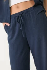 Women's Dark Navy Blue Linen Blend Fluid Wide Leg Trousers - Image 3