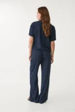 Women's Dark Navy Blue Linen Blend Fluid Wide Leg Trousers - Image 4