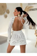 Women's Ecru Backless Flare Sleeve Cotton Mini Knit Beach Dress