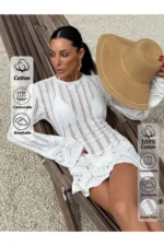 Women's Ecru Backless Flare Sleeve Cotton Mini Knit Beach Dress - Image 3