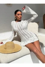 Women's Ecru Backless Flare Sleeve Cotton Mini Knit Beach Dress - Image 5