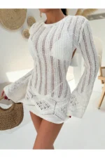Women's Ecru Backless Flare Sleeve Cotton Mini Knit Beach Dress - Image 6