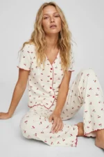 Women's Ecru Cherry Print Cotton Ribbed Summer Knit Pajama Set