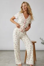 Women's Ecru Cherry Print Cotton Ribbed Summer Knit Pajama Set - Image 2