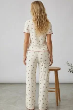 Women's Ecru Cherry Print Cotton Ribbed Summer Knit Pajama Set - Image 3