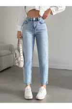 Women's High Waisted 100% Cotton Mom Jeans Non-Stretch Denim