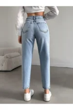 Women's High Waisted 100% Cotton Mom Jeans Non-Stretch Denim - Image 2