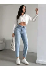 Women's High Waisted 100% Cotton Mom Jeans Non-Stretch Denim - Image 4