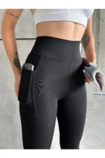 Women's High-Waisted Tummy Control Leggings with Pockets - Black Sport and Casual Tights