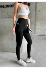 Women's High-Waisted Tummy Control Leggings with Pockets - Black Sport and Casual Tights - Image 5