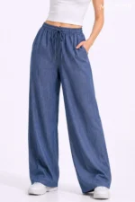 Women's Linen Blend Denim Look Wide Leg Summer Trousers