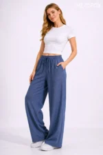 Women's Linen Blend Denim Look Wide Leg Summer Trousers - Image 3