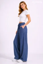Women's Linen Blend Denim Look Wide Leg Summer Trousers - Image 4