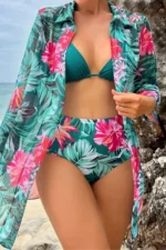 Women's Multicolor 3-Piece Shirt and High Waisted Bikini Set