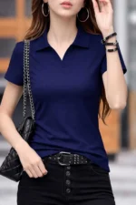 Women's Navy Blue Crew Neck Stretch T-Shirt