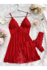 Women's V-Neck Red Lace Detail Lycra Tulle Camisole Nightgown with Matching Thong