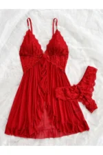 Women's V-Neck Red Lace Detail Lycra Tulle Camisole Nightgown with Matching Thong - Image 2